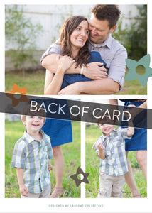 A close up of the back of the card showing the two photos and design features. Across the image is a gray strip with the words “back of card” on it. The back of the card features three photos with modern illustrated flowers.