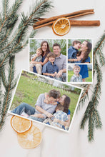 Load image into Gallery viewer, A photo of a double-sided Christmas card showing the front and back of the card laying on a white surface. Around the two sides of the card are pine needles, cinnamon sticks and dried oranges. The front of the card features a photo and the words “Happy Holidays, The Thompsons” in a front font on top and the bottom of the card has whimsical illustrated pine trees. The back of the card features three photos with the illustrated trees on the bottom. 