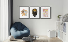 Load image into Gallery viewer, A set of three artwork prints hanging on a wall kids playroom. The artwork is inspired by the Chronicles of Narnia. The first print reads &quot;Course He Isn&#39;t Safe, But He&#39;s Good. He&#39;s the King.&quot; The second print reads &quot;At The Sound of Your Roar, Sorrows Will Be No More,&quot; and the last print reads &quot;Once a king or queen of Narnia, always a king or queen of Narnia.&quot;