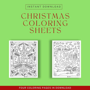A collage showing two of the four Christmas coloring pages. Above the images it reads "Instant Download - Christmas Coloring Sheets."