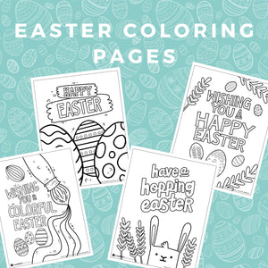A graphic reading "Easter Coloring Pages" showing four of the Easter coloring sheets in the set. 