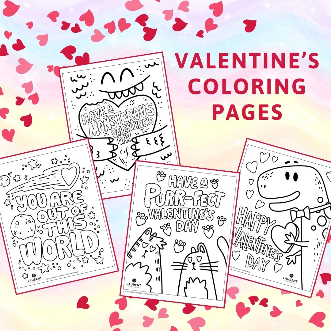 An image showing the designs of four printable Valentine's Day coloring pages.