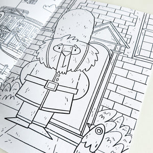 A close up of one of the colouring pages featuring a bear queen's guard.