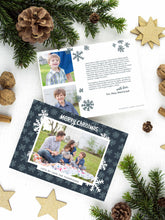 Load image into Gallery viewer, A photo of a two-sided Christmas card showing the front of the card on top of a brown wrapped gift on a white tabletop. Around the gift are pine needles, pinecones and wood star ornaments. The front of the card features a photo with a frame around it with illustrated snowflakes. Above the photo reads “Merry Christmas” and below the photo you can add your family name. The back of the card features two photos, illustrated snowflakes and a place to add a family update. 