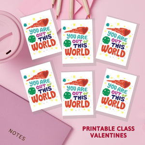 An image showing the design "You are out of this world" of printable class Valentines.
