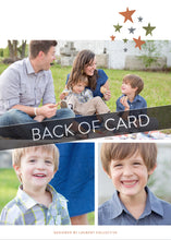 Load image into Gallery viewer, A close up of the back of the card showing the two photos and design features. Across the image is a gray strip with the words “back of card” on it. The back of the card features three photos and colored stars. 