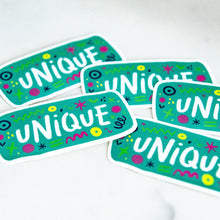 Load image into Gallery viewer, Vinyl die cut stickers with the word &quot;unique&quot; and sketchy elements surrounding the word. 