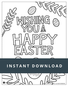 An example of the Easter coloring page with the words "instant download" over the top. The coloring page design features easter eggs and the words "Wishing you a happy Easter."