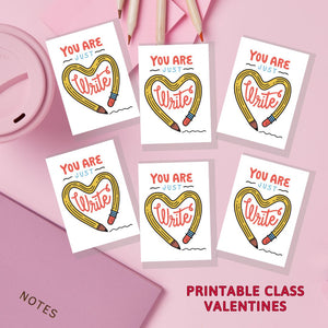 An image showing the design "You are just write" of printable class Valentines.