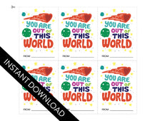 Load image into Gallery viewer, The set of six classroom Valentines shown with the design. The words “instant download” are over the image. The design features the words “You are out of this world” with space themed illustrations.