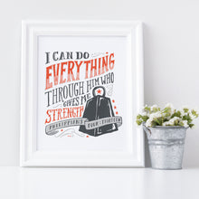 Load image into Gallery viewer, Artwork in a white frame with the artwork printed on white paper and hand drawn lettering with the Philippians 4:13 &quot;I can do everything through him who gives me strength.&quot; The lettering is in black and red. 