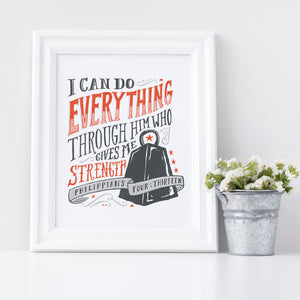 Artwork in a white frame with the artwork printed on white paper and hand drawn lettering with the Philippians 4:13 "I can do everything through him who gives me strength." The lettering is in black and red. 