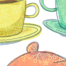 Load image into Gallery viewer, A close up of the artwork to show the details on the tea cups. 