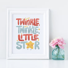 Load image into Gallery viewer, Artwork in a white frame with the with a white matte. The artwork is on a white background with lettering reading &quot;Twinkle Twinkle Little Star&quot; The word star features a &quot;star&quot; for the A. 