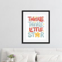 Load image into Gallery viewer, Lettering artwork is featured in a black frame above a sofa. The artwork is on a white background with lettering reading &quot;Twinkle Twinkle Little Star&quot; The word star features a &quot;star&quot; for the A. 