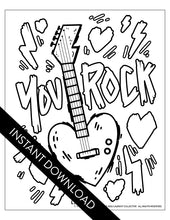 Load image into Gallery viewer, An image showing the coloring page. The letters and design are featured with open space to be able to be coloured in. The coloring page features the words “You rock” with an illustrated heart shaped guitar. 
