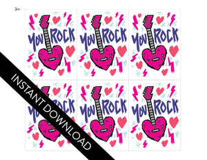 The set of six classroom Valentines shown with the design. The words “instant download” are over the image. The design features the words “You rock” with an illustrated heart shaped guitar. 