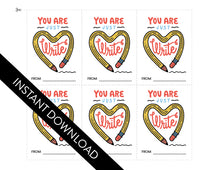 Load image into Gallery viewer, The set of six classroom Valentines shown with the design. The words “instant download” are over the image. The design features the words “You are just write”with an illustrated pencil in the shape of a heart.