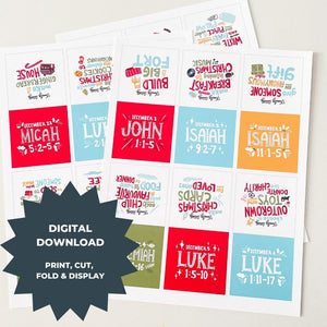 A photo of the print out sheets showing the cut lines with the words 'digital download: print, cut, fold & display"