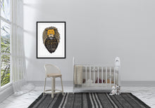 Load image into Gallery viewer, A black frame hanging on the wall of a nursery wall. The nursery features a crib and a chair with a dark grey rug. The artwork features an illustrated Aslan (the lion from Chronicles of Narnia). Inside the lion the Narnia quote is featured reading “At The Sound of Your Roar, Sorrows Will Be No More.”