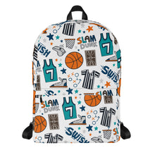 Load image into Gallery viewer, A backpack featured with a white background. The backpack has a white background with a basketball themed pattern backpack featuring illustrated basketballs, basketball jerseys, whistles, referee shirts, basketball hoops, stars, basketball shoes, fun play sketches and the word &quot;swish.&quot; The backpack straps are black. 