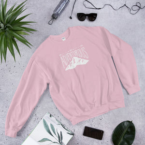 A light pink sweatshirt laying with jeans and shoes. The navy hoodie includes the phrase “Be Adventurous” in white with arrows pointing to the word “be” and a mountain illustration underneath the word “adventure.”