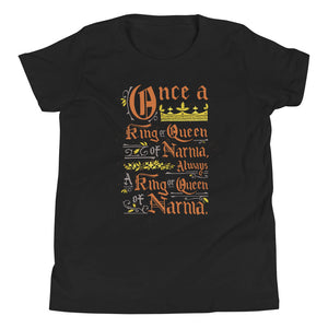 A black short sleeved T-Shirt on a white background. The artwork features hand drawn lettering of the Narnia quote "Once a king or queen of Narnia, always a king or queen of Narnia."