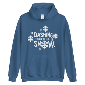 A blue hoodie on a white background. The hoodie features the song lyrics "Dashing through the snow" in white with white snowflake illustrations surrounding the words. 