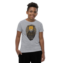 Load image into Gallery viewer, A boy wearing a light grey short sleeved T-Shirt. The T-Shirt features hand drawn illustration of the Chronicles of Narnia lion character Aslan. Inside the illustration there is the quote “At The Sound of Your Roar, Sorrows Will Be No More.”