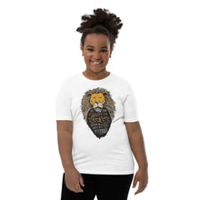 Load image into Gallery viewer, A girl wearing a white short sleeved T-Shirt. The T-Shirt features hand drawn illustration of the Chronicles of Narnia lion character Aslan. Inside the illustration there is the quote “At The Sound of Your Roar, Sorrows Will Be No More.”