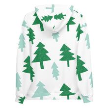 Load image into Gallery viewer, The back of a white hoodie on a white background. The hoodie features illustrated pine trees. The trees are in dark and light green. 