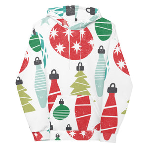 A white hoodie on a white background. The hoodie features large illustrated ornaments. The ornaments are in red, green, light green and light blue. 
