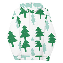 Load image into Gallery viewer, A white hoodie on a white background. The hoodie features illustrated pine trees. The trees are in dark and light green. 