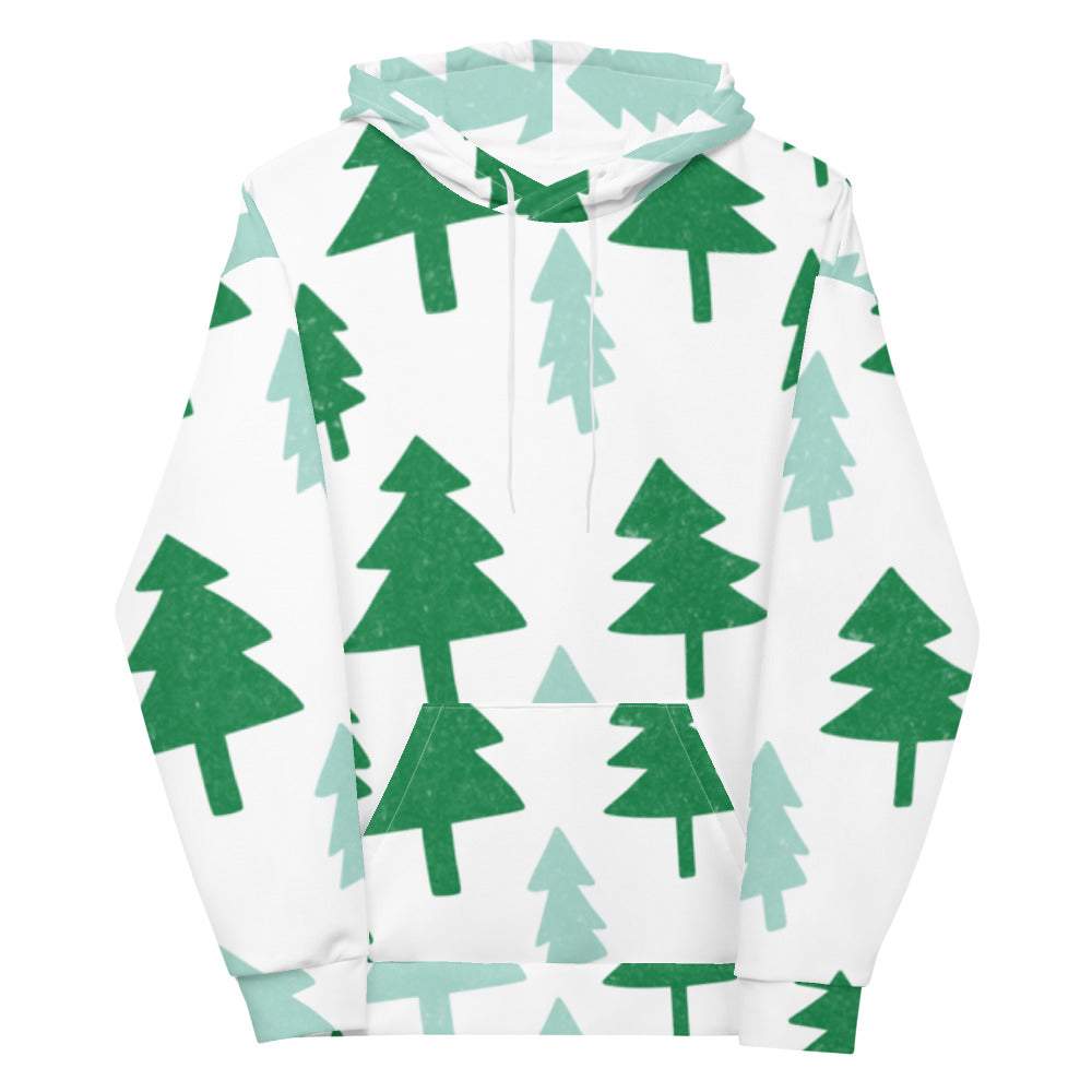 A white hoodie on a white background. The hoodie features illustrated pine trees. The trees are in dark and light green. 