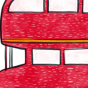 Close up of red double decker bus illustration to show textures.