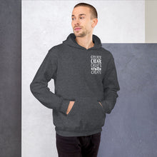 Load image into Gallery viewer, A man wearing a dark grey hoodie with the word &quot;create, create, create, create, create&quot; in white in a small rectangle on the upper left side.