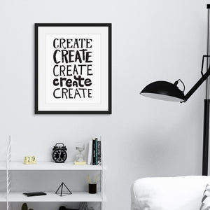 Artwork featured in a black frame on a wall featured in a living room. The artwork is on a white paper with black lettering in the word “create” written five times. 