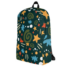 Load image into Gallery viewer, A backpack featured with a white background. The backpack is hunter green with a fun pattern of yellow stars, green swirls, blue &quot;splats&quot; and other fun whimsical shapes. The backpack straps are black. 