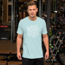 Load image into Gallery viewer, A T-shirt is ice blue color with white lettering and the words Do justly, love mercy, walk humbly, with your God, Micah 6:8. 