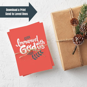 A stack of Christmas cards with brown string wrapped around them. A brown craft paper gift is off to the side. The card has a light red background with the words "Immanuel God with Us" in white with a couple of plant leaves in navy around the words. The words "download & print, send to loved ones" are featured in an arrow above the image. 
