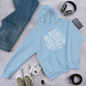 A light blue Bible verse hoodie featuring Do justly, love mercy, walk humbly, with your God, Micah 6:8 in white lettering. 