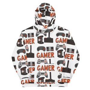 A white hoodie featuring different game controllers and the word "gamer" in a repeat pattern throughout the hoodie. The illustrations and gamer word are in red, grey and black. 