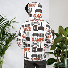 Load image into Gallery viewer, A man wearing a white hoodie showing how the back of the hoodie look and the back of the hoodie. The hoodie features different game controllers and the word &quot;gamer&quot; in a repeat pattern throughout the hoodie. The illustrations and gamer word are in red, grey and black. 