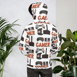 A man wearing a white hoodie showing how the back of the hoodie look and the back of the hoodie. The hoodie features different game controllers and the word "gamer" in a repeat pattern throughout the hoodie. The illustrations and gamer word are in red, grey and black. 
