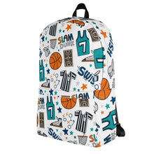 Load image into Gallery viewer, A backpack featured with a white background showing the side of the backpack. The backpack has a white background with a basketball themed pattern backpack featuring illustrated basketballs, basketball jerseys, whistles, referee shirts, basketball hoops, stars, basketball shoes, fun play sketches and the word &quot;swish.&quot; The backpack straps are black. 