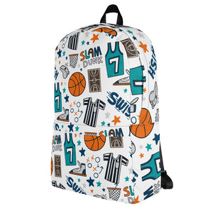 A backpack featured with a white background showing the side of the backpack. The backpack has a white background with a basketball themed pattern backpack featuring illustrated basketballs, basketball jerseys, whistles, referee shirts, basketball hoops, stars, basketball shoes, fun play sketches and the word "swish." The backpack straps are black. 