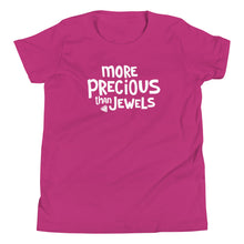 Load image into Gallery viewer, A girls Christian T-shirt in berry pink with More Precious Than Jewels in white lettering. 