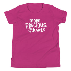 A girls Christian T-shirt in berry pink with More Precious Than Jewels in white lettering. 