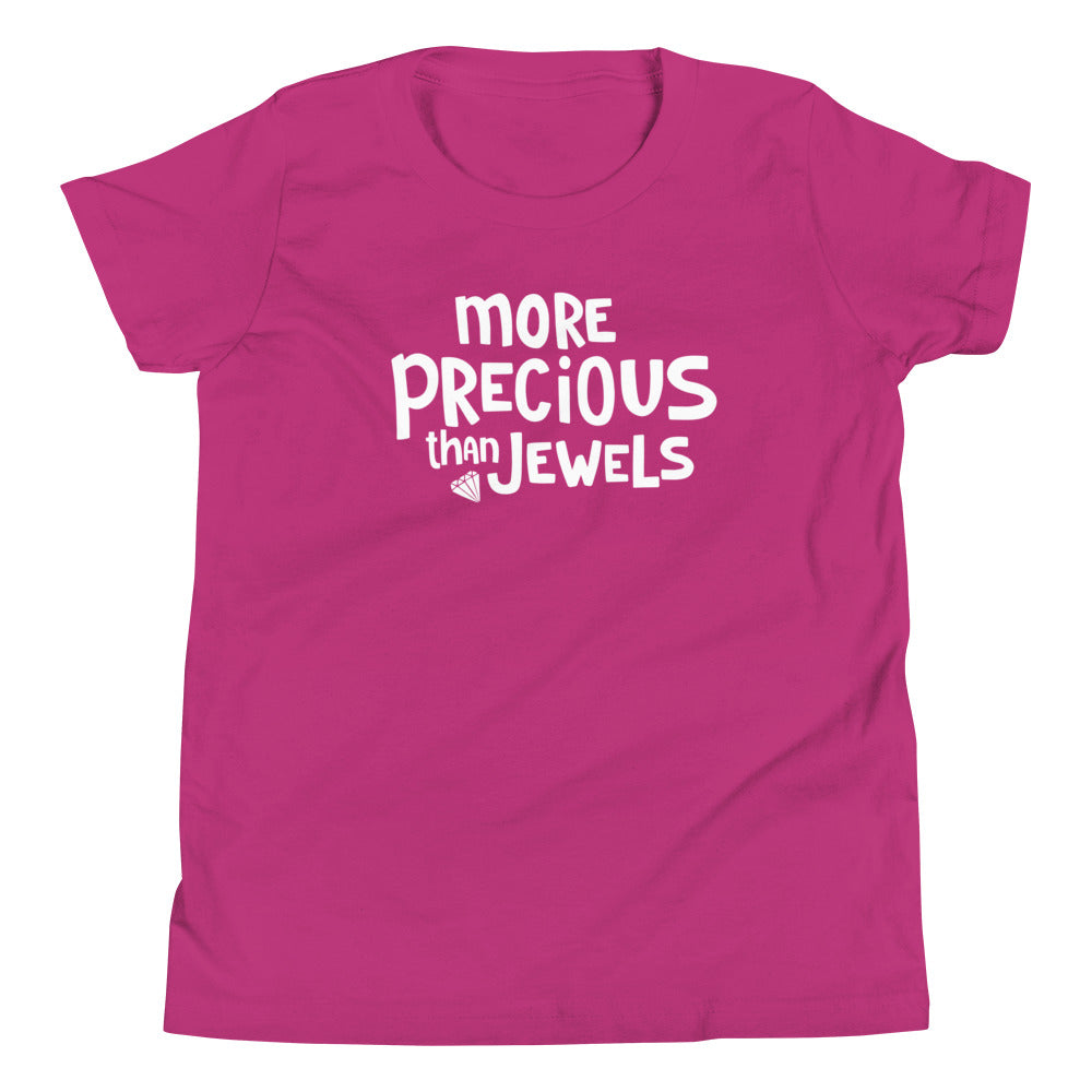A girls Christian T-shirt in berry pink with More Precious Than Jewels in white lettering. 