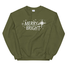 Load image into Gallery viewer, A hunter green sweatshirt on a white background. The sweatshirt features the words Merry and Bright with illustrated Christmas stars around it. The words and star illustrations are in white.